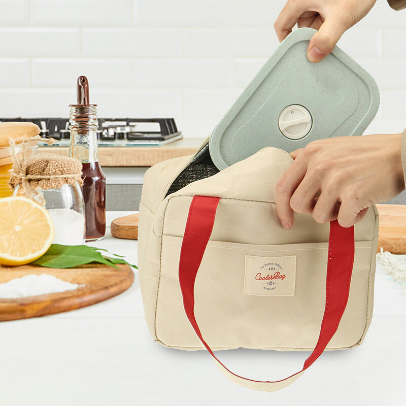 Tote Family Travel Picnic Drink Fruit Food Fresh Thermal Insulated Women Men Bento Lunch Box Bag - Beige