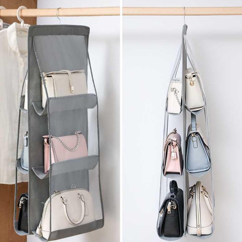 Double-sided Six-layer Hanging Handbag Closet Wardrobe Bag Storage Holder - Grey