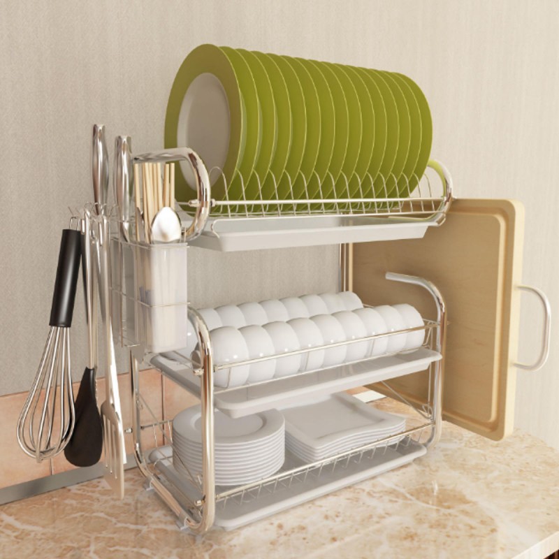 3 Tiers Kitchen Storage Dish Drainer Rack Cutlery Drying Holder Drainer Tray - Green