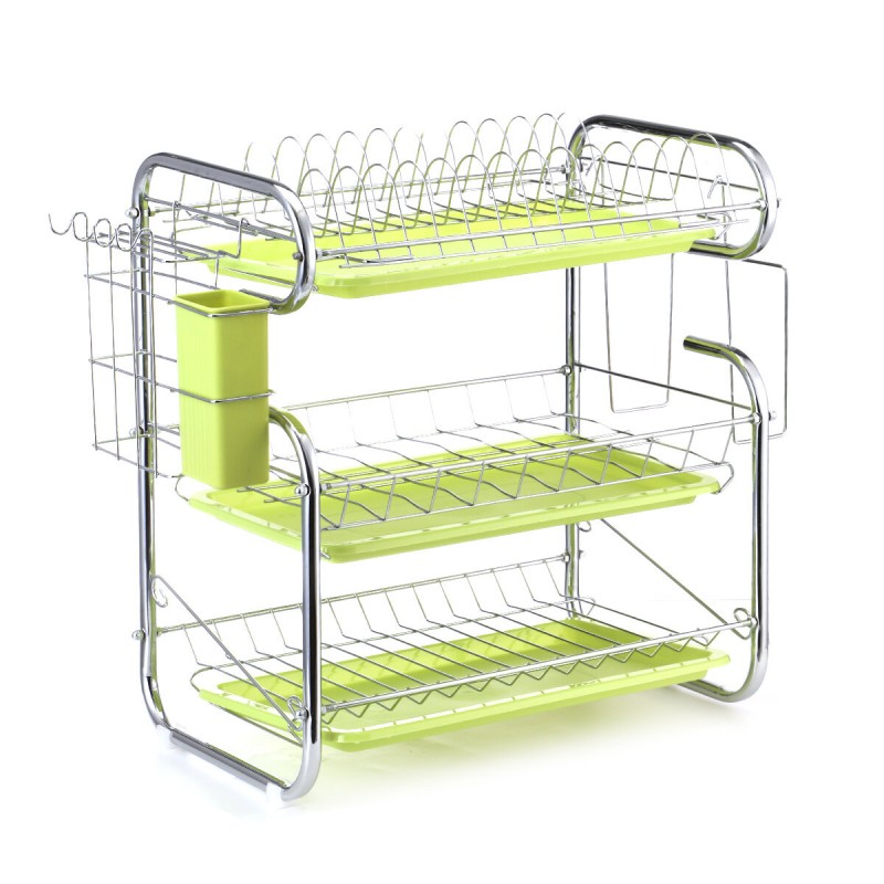 3 Tiers Kitchen Storage Dish Drainer Rack Cutlery Drying Holder Drainer Tray - Green