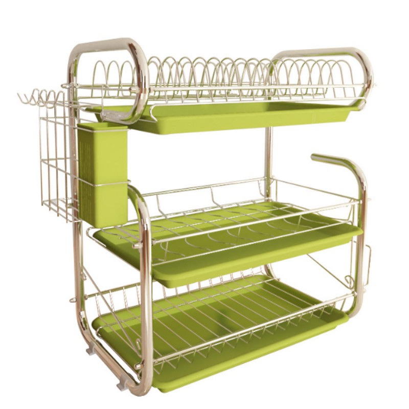 3 Tiers Kitchen Storage Dish Drainer Rack Cutlery Drying Holder Drainer Tray - Green