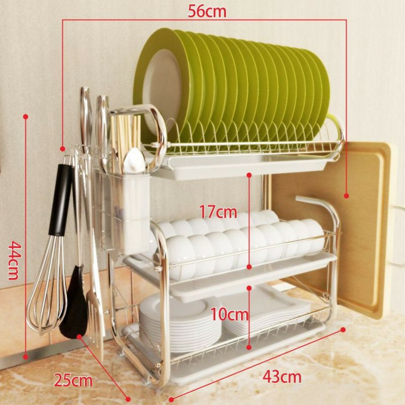 3 Tiers Kitchen Storage Dish Drainer Rack Cutlery Drying Holder Drainer Tray - Green