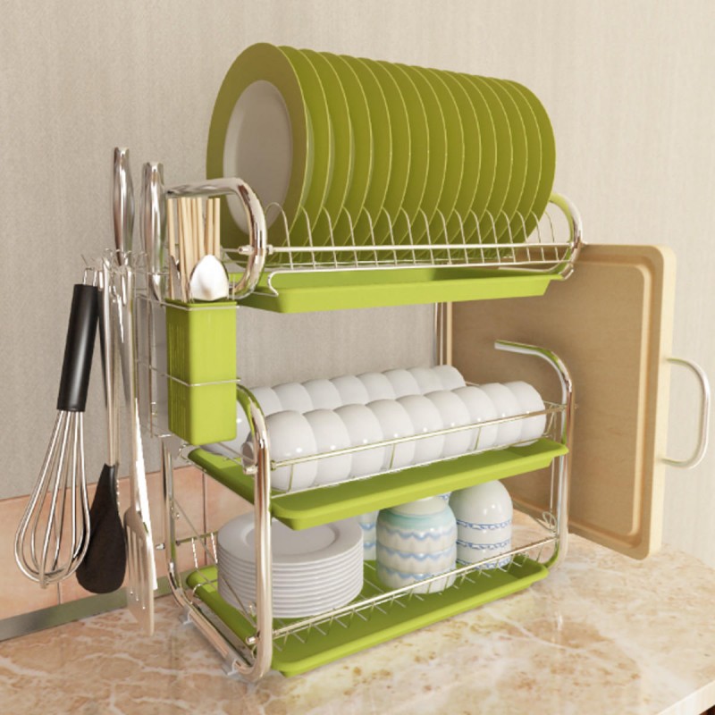 3 Tiers Kitchen Storage Dish Drainer Rack Cutlery Drying Holder Drainer Tray - Green
