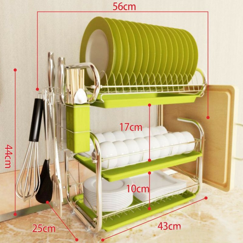 3 Tiers Kitchen Storage Dish Drainer Rack Cutlery Drying Holder Drainer Tray - Green