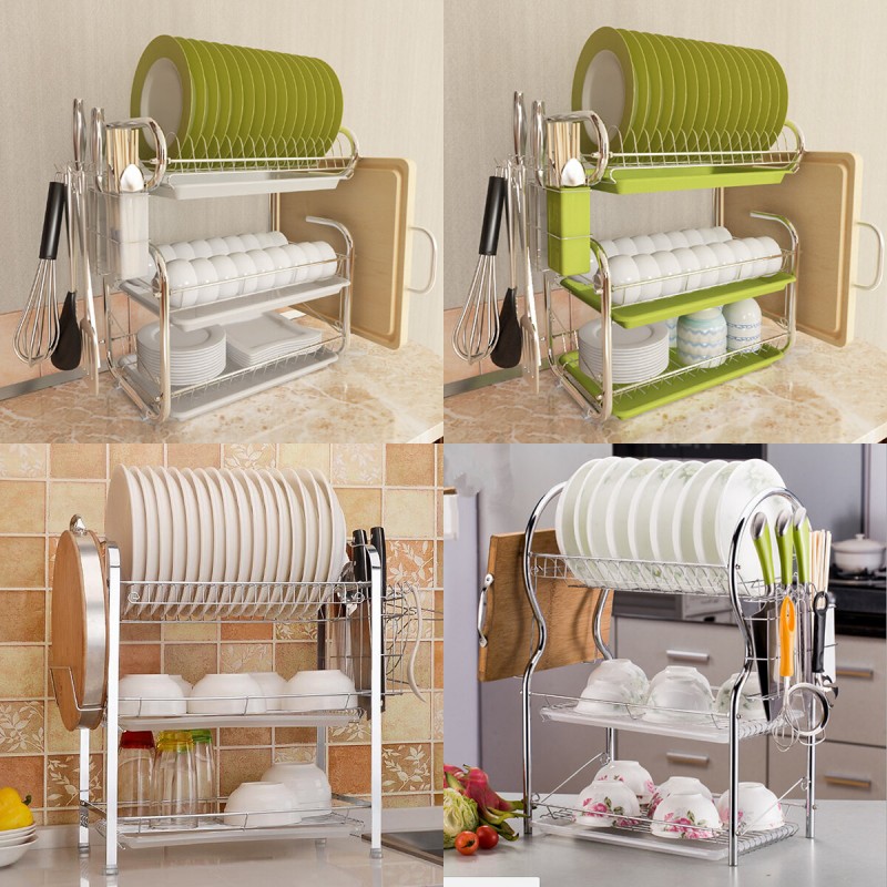 3 Tiers Kitchen Storage Dish Drainer Rack Cutlery Drying Holder Drainer Tray - Green
