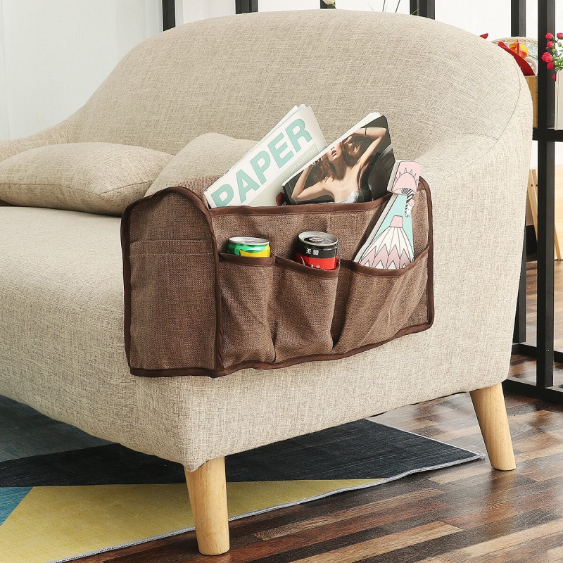2Pcs/Set Armrest Cover W/ 6 Pockets Linen Anti-Slip Sofa Armrest Cover Protector - Beige