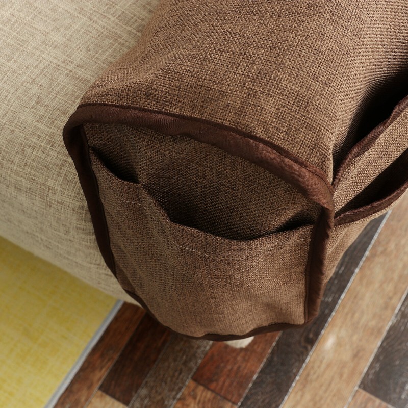 2Pcs/Set Armrest Cover W/ 6 Pockets Linen Anti-Slip Sofa Armrest Cover Protector - Beige