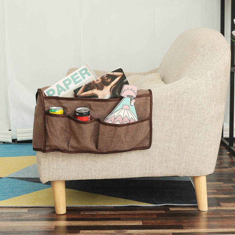 2Pcs/Set Armrest Cover W/ 6 Pockets Linen Anti-Slip Sofa Armrest Cover Protector - Beige