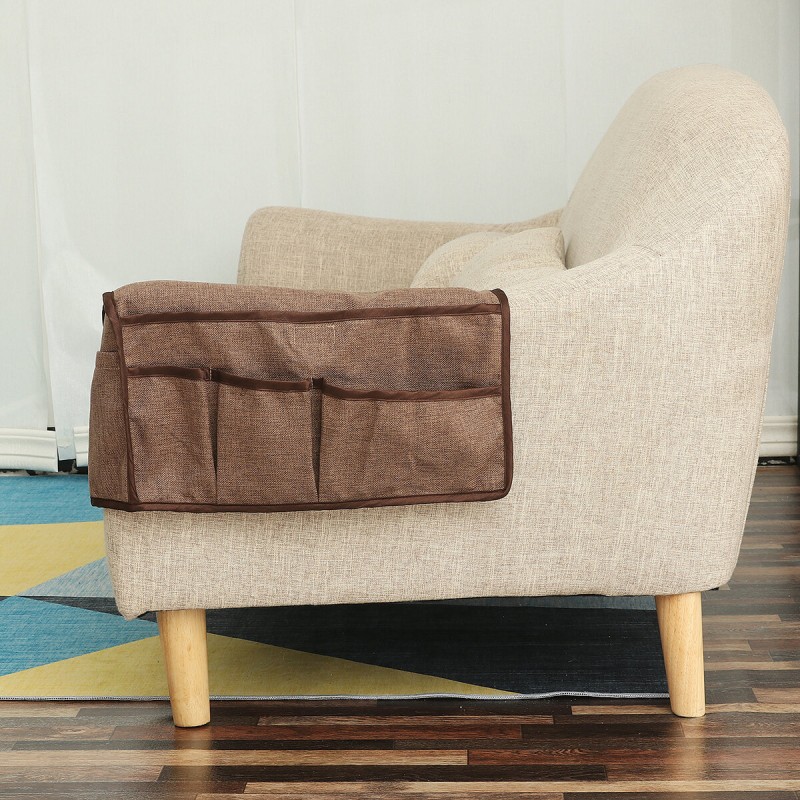 2Pcs/Set Armrest Cover W/ 6 Pockets Linen Anti-Slip Sofa Armrest Cover Protector - Beige