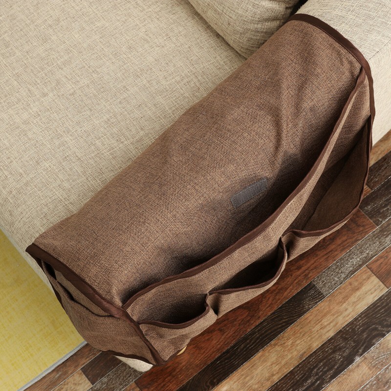 2Pcs/Set Armrest Cover W/ 6 Pockets Linen Anti-Slip Sofa Armrest Cover Protector - Beige