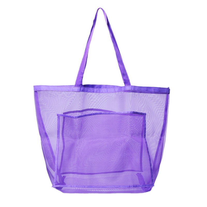 Mesh Beach Bag Toy Tote Bag Market Grocery &amp; Picnic Tote with Oversized Pockets Bag - white