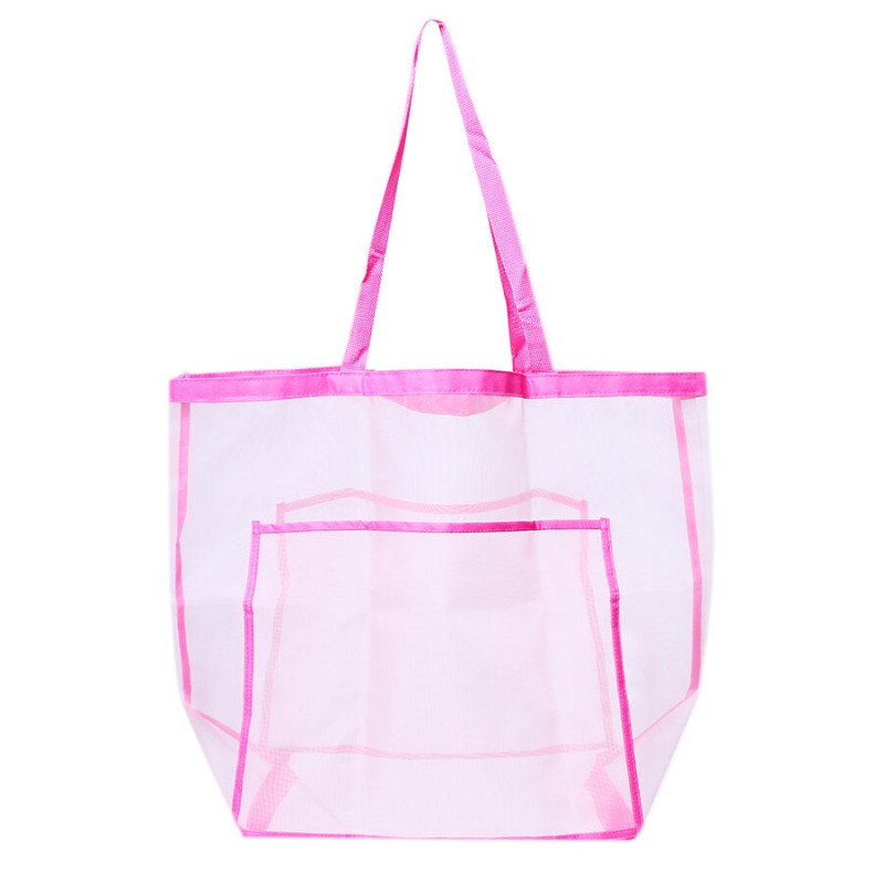 Mesh Beach Bag Toy Tote Bag Market Grocery &amp; Picnic Tote with Oversized Pockets Bag - white