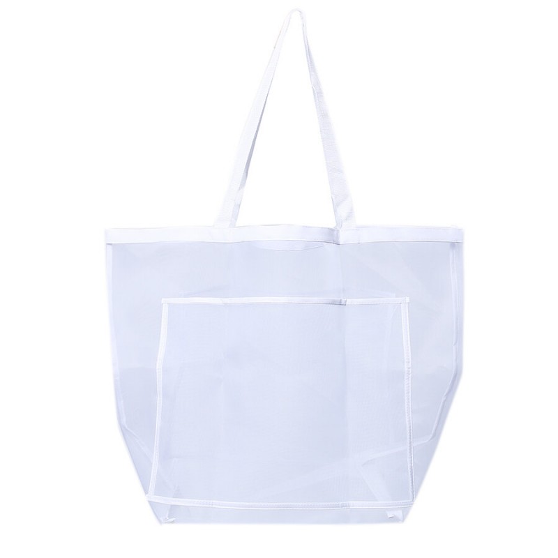 Mesh Beach Bag Toy Tote Bag Market Grocery &amp; Picnic Tote with Oversized Pockets Bag - white