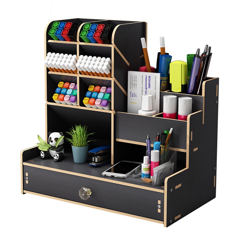 Multi-function Wooden Desktop Pen Holder Office School Stationery Storage Stand Case Desk Pen Pencil Organizer - A Brown