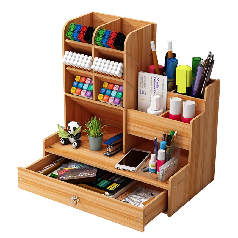 Multi-function Wooden Desktop Pen Holder Office School Stationery Storage Stand Case Desk Pen Pencil Organizer - A Brown