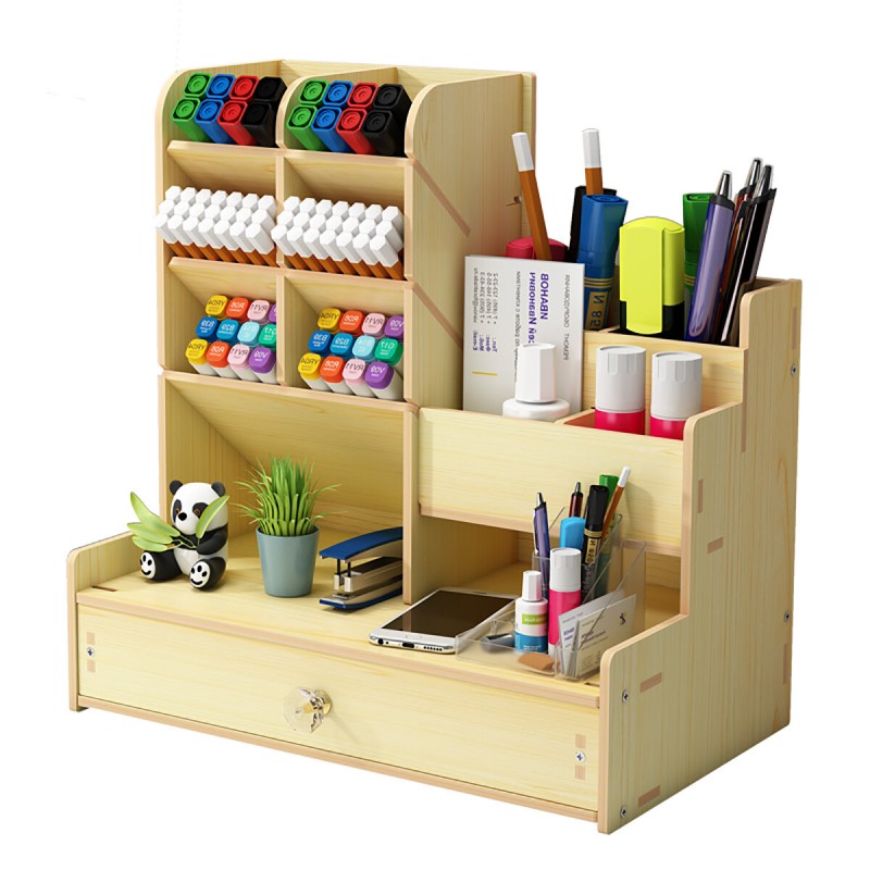 Multi-function Wooden Desktop Pen Holder Office School Stationery Storage Stand Case Desk Pen Pencil Organizer - A Brown