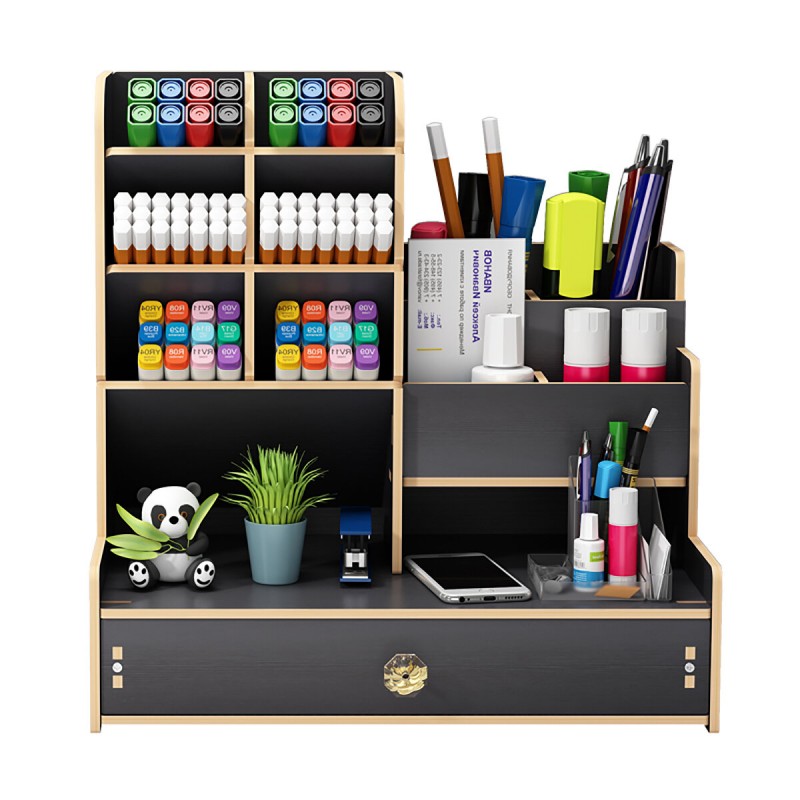 Multi-function Wooden Desktop Pen Holder Office School Stationery Storage Stand Case Desk Pen Pencil Organizer - A Brown