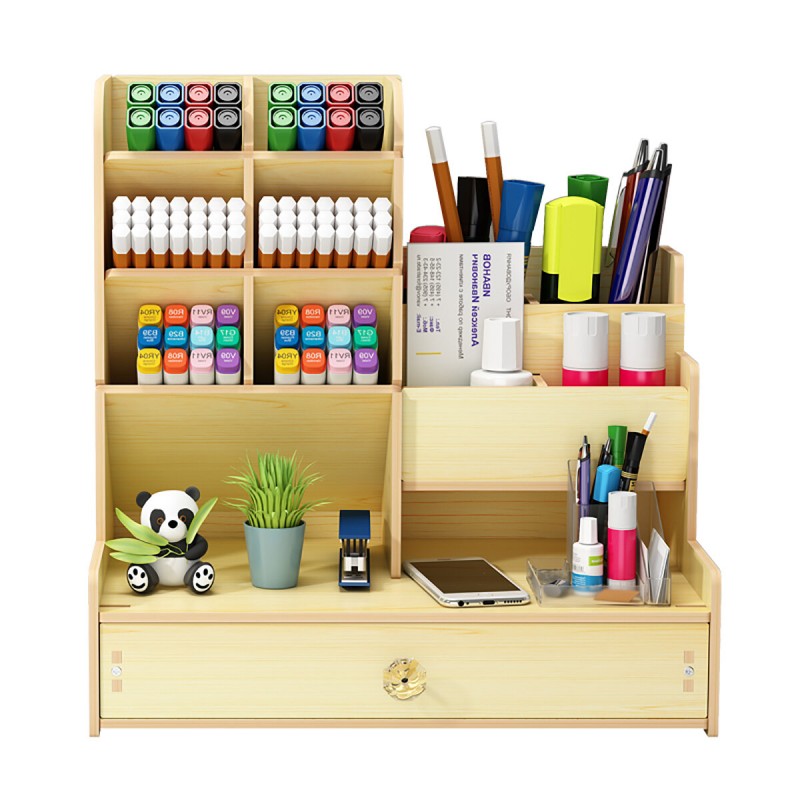 Multi-function Wooden Desktop Pen Holder Office School Stationery Storage Stand Case Desk Pen Pencil Organizer - A Brown