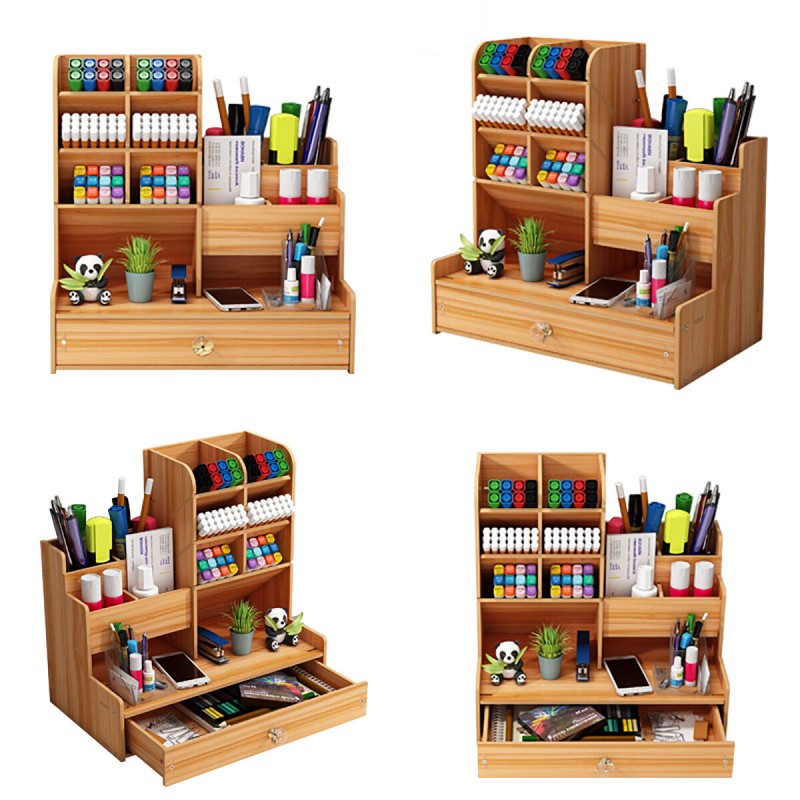 Multi-function Wooden Desktop Pen Holder Office Sc...
