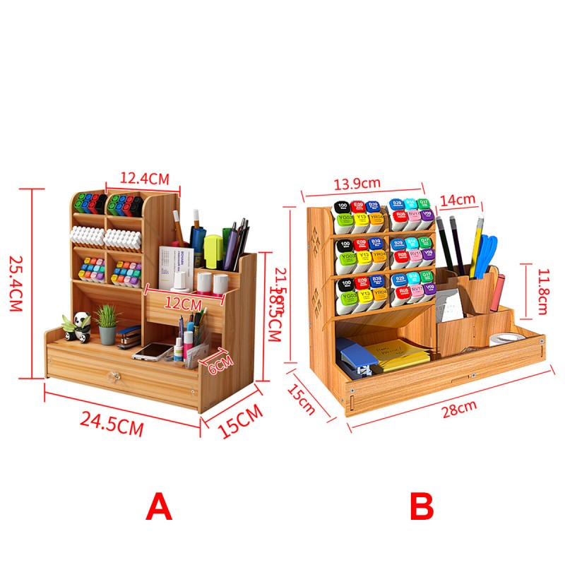 Multi-function Wooden Desktop Pen Holder Office School Stationery Storage Stand Case Desk Pen Pencil Organizer - A Brown