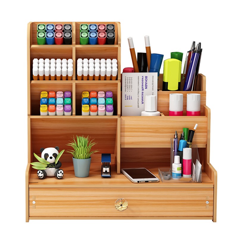 Multi-function Wooden Desktop Pen Holder Office School Stationery Storage Stand Case Desk Pen Pencil Organizer - A Brown