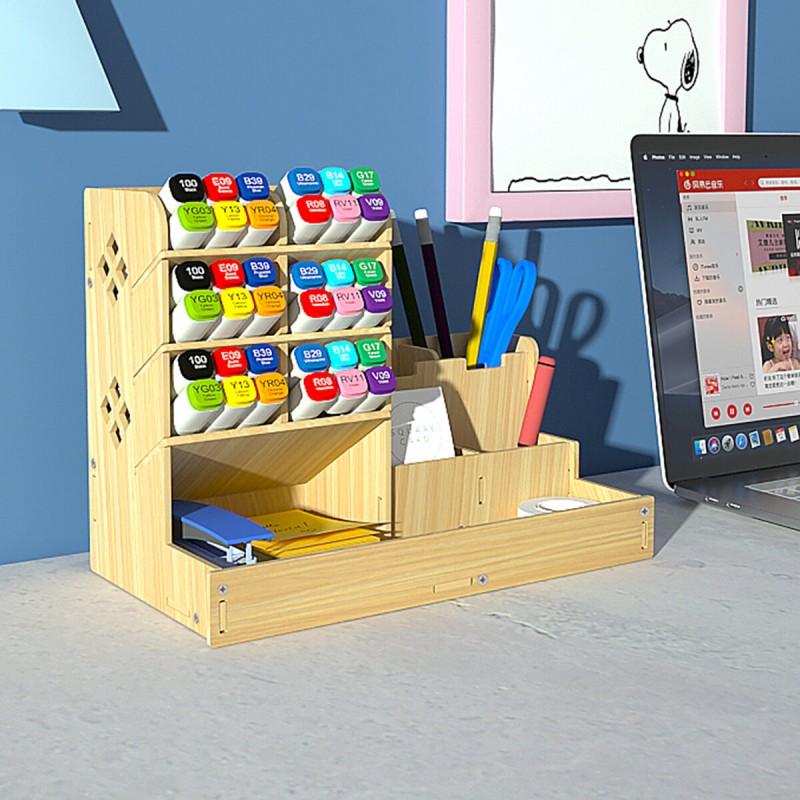 Multi-function Wooden Desktop Pen Holder Office School Stationery Storage Stand Case Desk Pen Pencil Organizer - A Brown