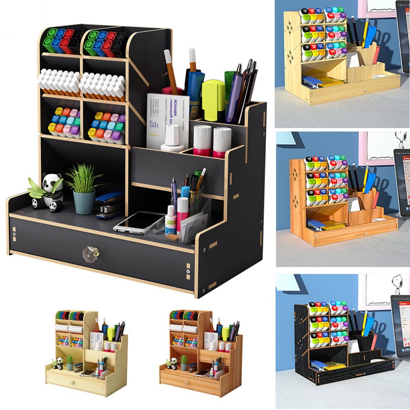 Multi-function Wooden Desktop Pen Holder Office Sc...