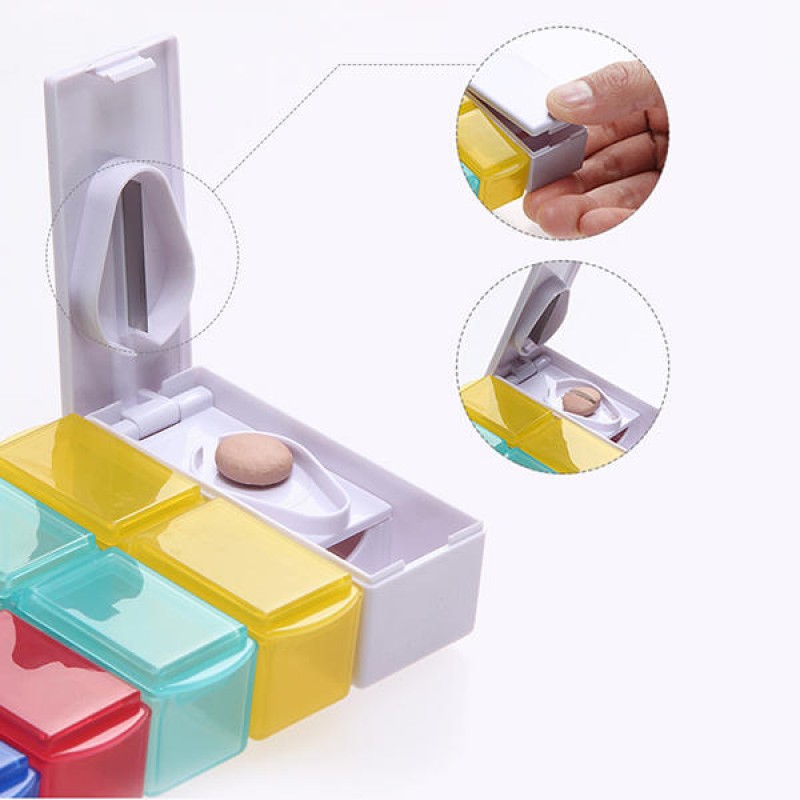 KC-JS0802 Portable 7 Days Pill Box Travel Medicine Organizer With Pill Splitter Cutter