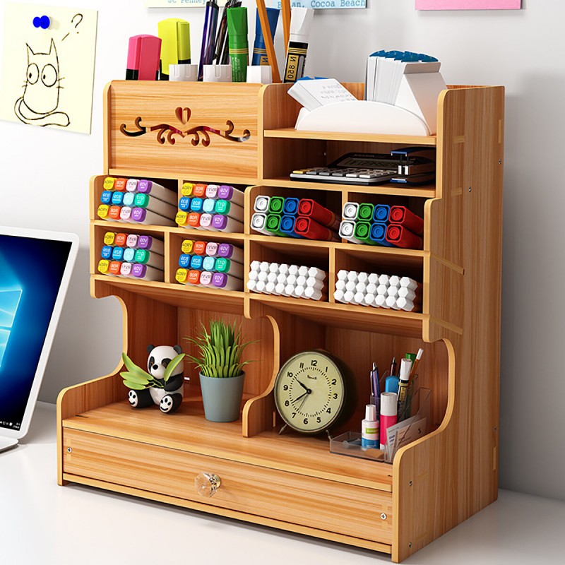 5tiers Wooden Desk Organizer Multi-Functional DIY Pen Holder Box Desktop Stationary Home Office Supply Storage Rack - Brown