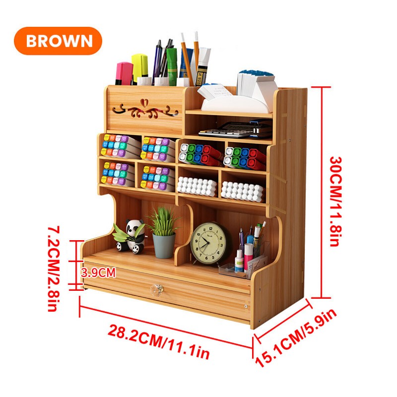 5tiers Wooden Desk Organizer Multi-Functional DIY Pen Holder Box Desktop Stationary Home Office Supply Storage Rack - Brown