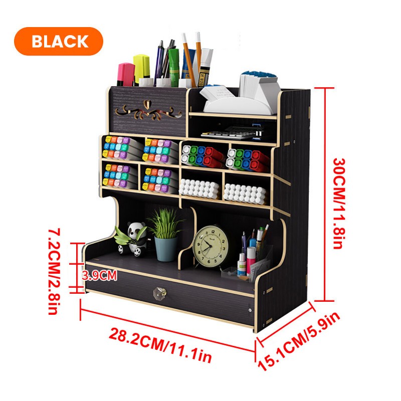 5tiers Wooden Desk Organizer Multi-Functional DIY Pen Holder Box Desktop Stationary Home Office Supply Storage Rack - Brown