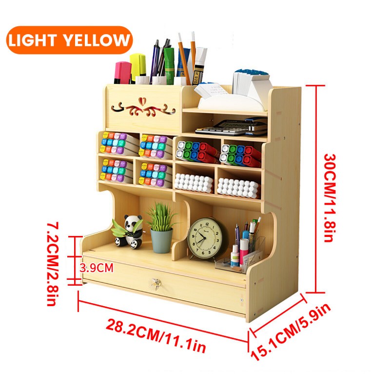 5tiers Wooden Desk Organizer Multi-Functional DIY Pen Holder Box Desktop Stationary Home Office Supply Storage Rack - Brown
