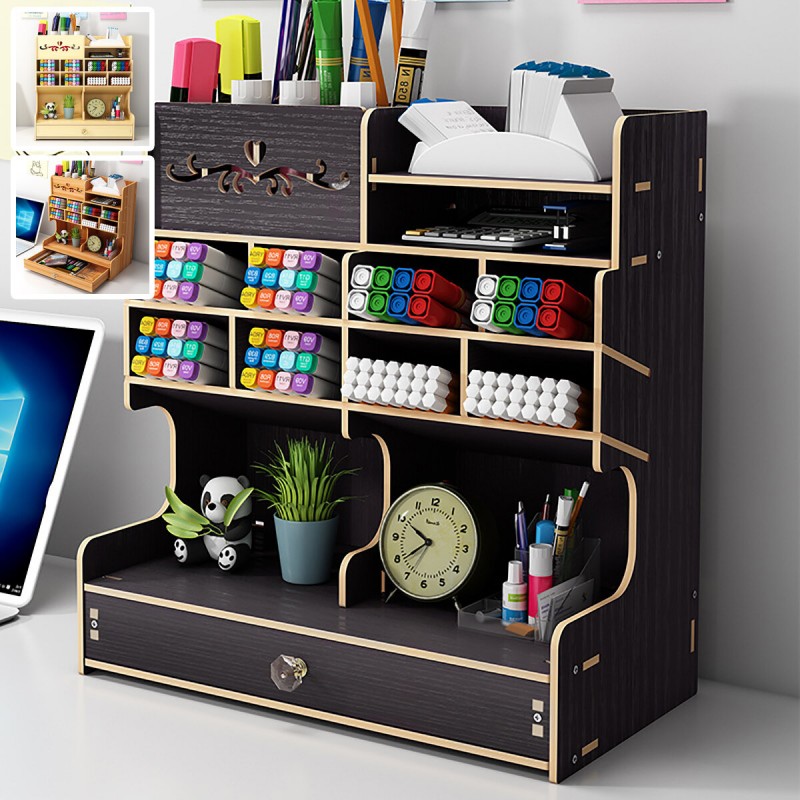 5tiers Wooden Desk Organizer Multi-Functional DIY Pen Holder Box Desktop Stationary Home Office Supply Storage Rack - Brown