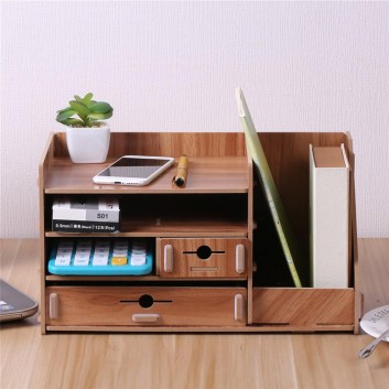 13.8x8x8" Wooden DIY Storage Box With Drawer Cosmetics Organizer Desktop Home Decorations - 1