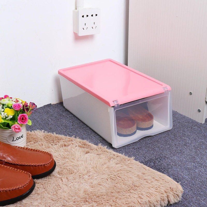 Plastic Clear Drawer Home Shoe Storage Box Stackable Organiser Foldable Case Shoe Racks -  Pink