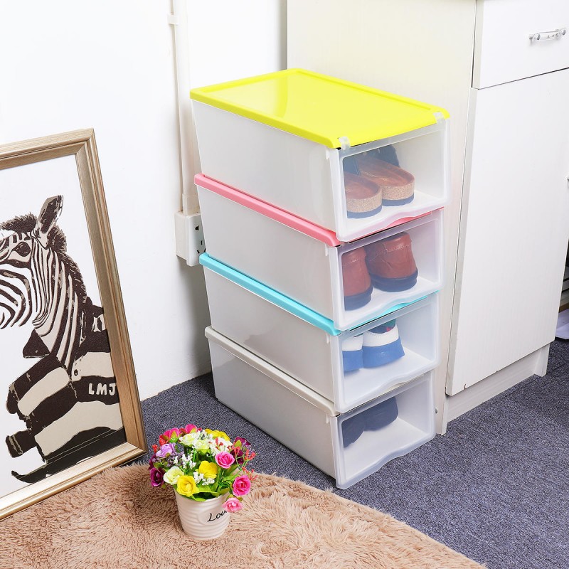 Plastic Clear Drawer Home Shoe Storage Box Stackable Organiser Foldable Case Shoe Racks -  Pink