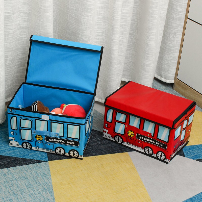 1.8L Waterproof Bus Shape Children Kids Toys Storage Box Foldable Non-woven Cartoon Car Pattern Toys Basket - Red