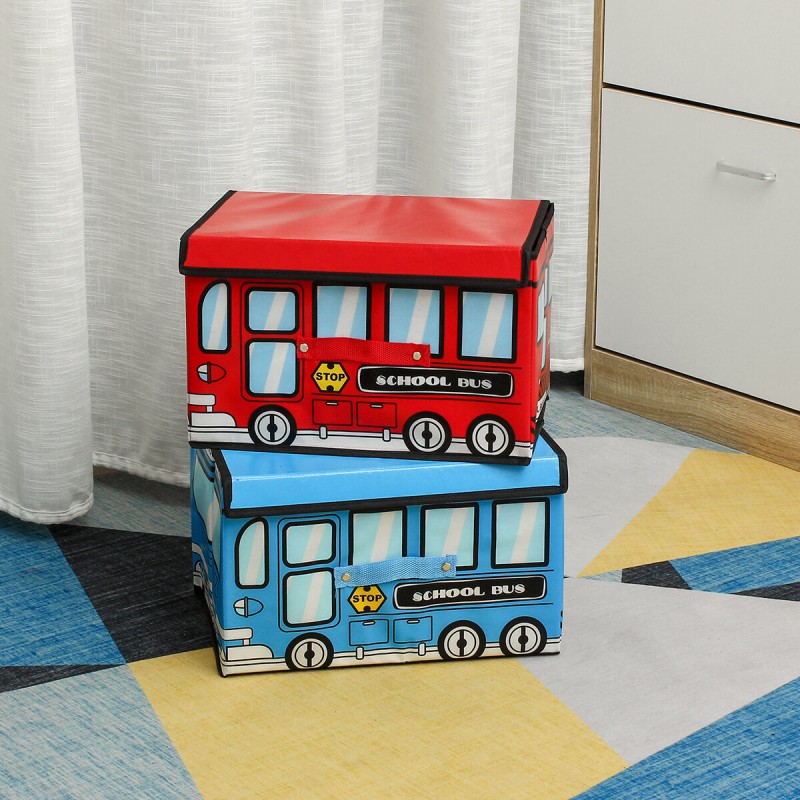 1.8L Waterproof Bus Shape Children Kids Toys Storage Box Foldable Non-woven Cartoon Car Pattern Toys Basket - Red