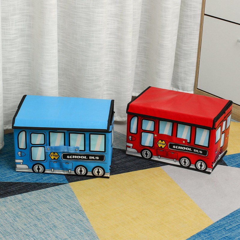 1.8L Waterproof Bus Shape Children Kids Toys Storage Box Foldable Non-woven Cartoon Car Pattern Toys Basket - Red