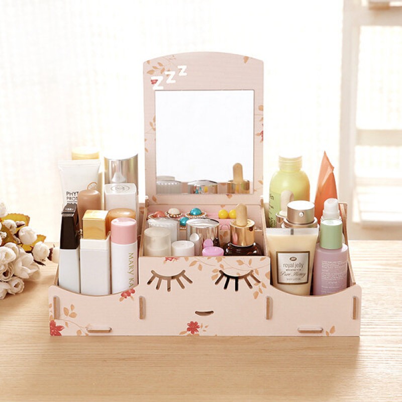  Creative Diy Wooden Cosmetic Storage Box Desktop Storage Container With Mirror Desktop Organizer - Watermelon Red