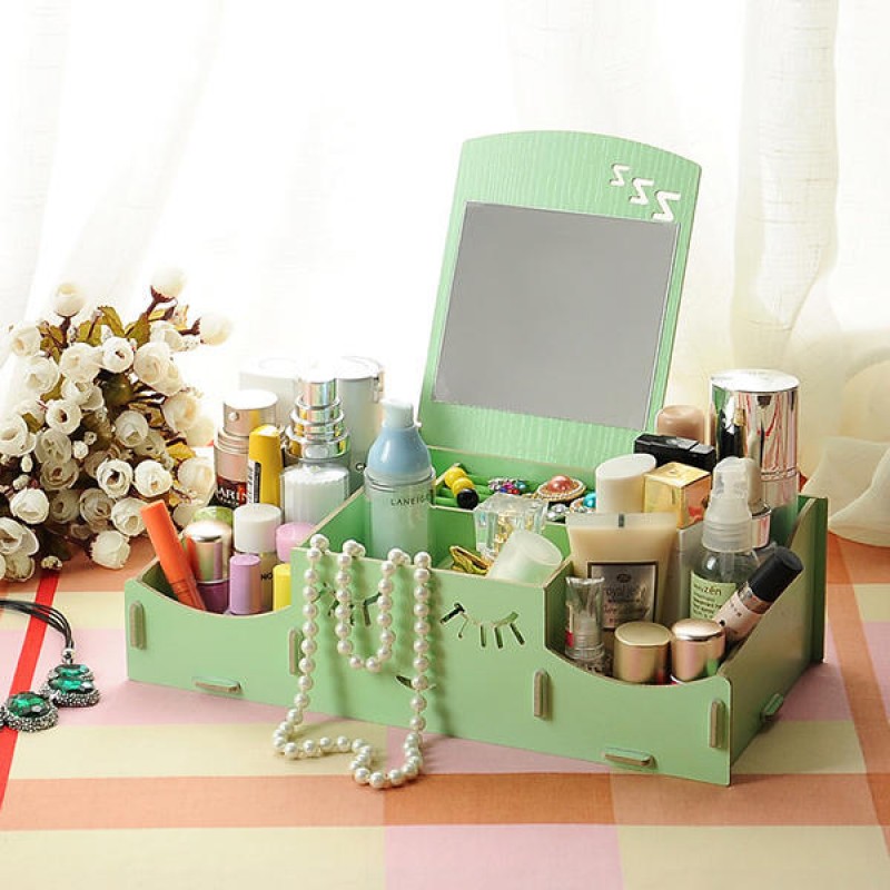  Creative Diy Wooden Cosmetic Storage Box Desktop Storage Container With Mirror Desktop Organizer - Watermelon Red