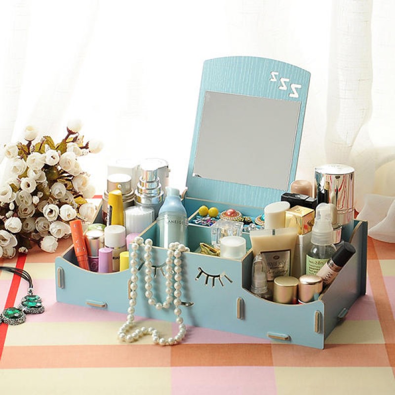  Creative Diy Wooden Cosmetic Storage Box Desktop Storage Container With Mirror Desktop Organizer - Watermelon Red