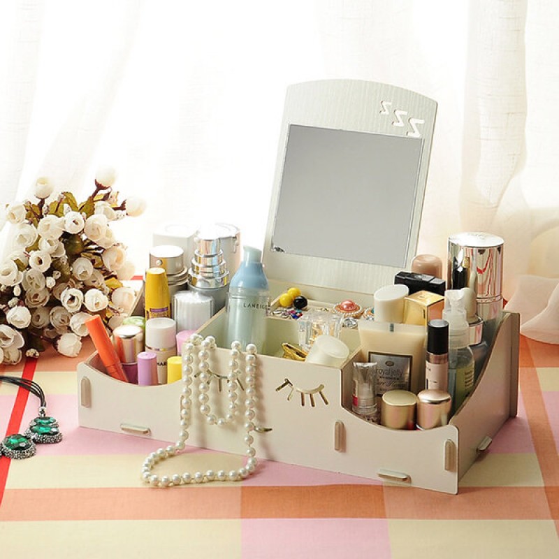  Creative Diy Wooden Cosmetic Storage Box Desktop Storage Container With Mirror Desktop Organizer - Watermelon Red