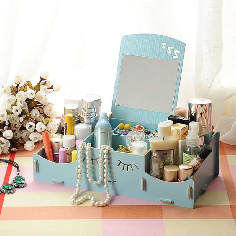  Creative Diy Wooden Cosmetic Storage Box Desktop Storage Container With Mirror Desktop Organizer - Watermelon Red