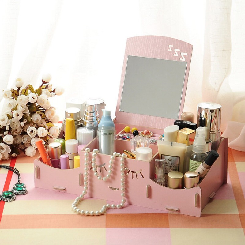  Creative Diy Wooden Cosmetic Storage Box Desktop Storage Container With Mirror Desktop Organizer - Watermelon Red