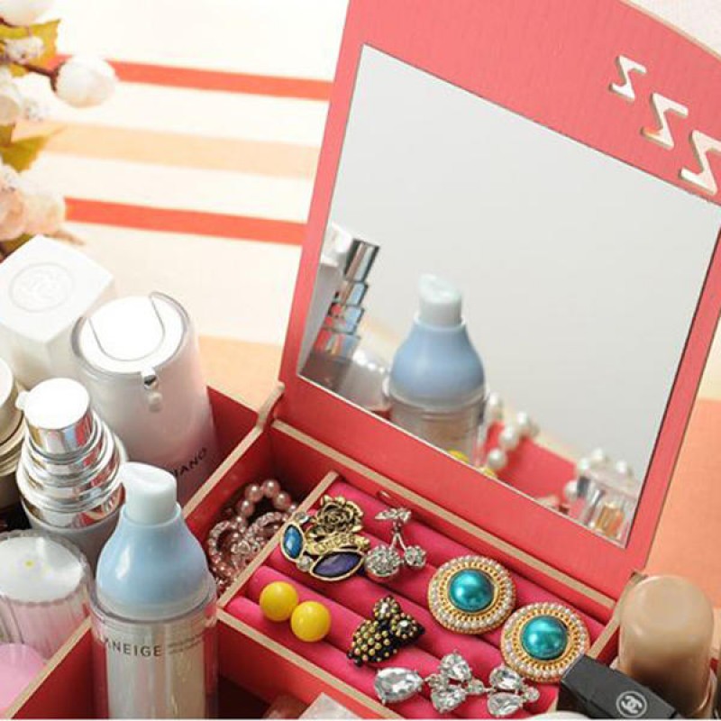  Creative Diy Wooden Cosmetic Storage Box Desktop Storage Container With Mirror Desktop Organizer - Watermelon Red