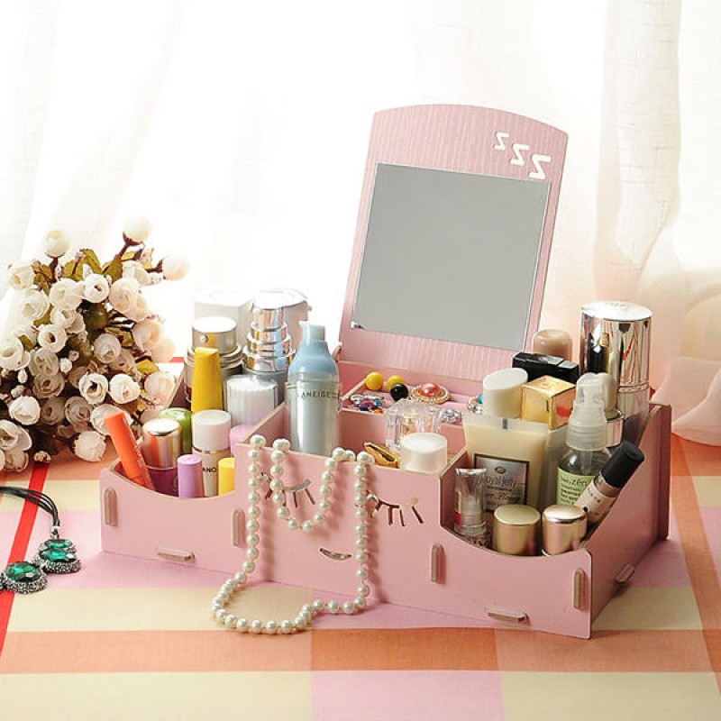  Creative Diy Wooden Cosmetic Storage Box Desktop Storage Container With Mirror Desktop Organizer - Watermelon Red
