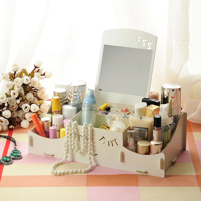  Creative Diy Wooden Cosmetic Storage Box Desktop Storage Container With Mirror Desktop Organizer - Watermelon Red