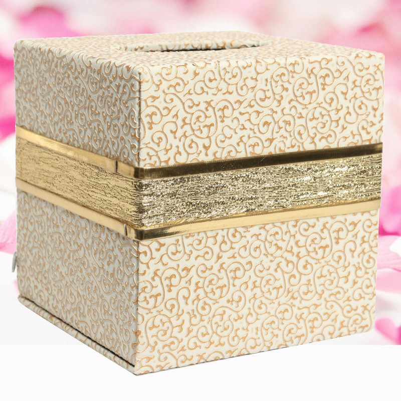 Durable PU Leather Tissue Box Case Cover  Paper Napkin Holder Home Office  - white and gold