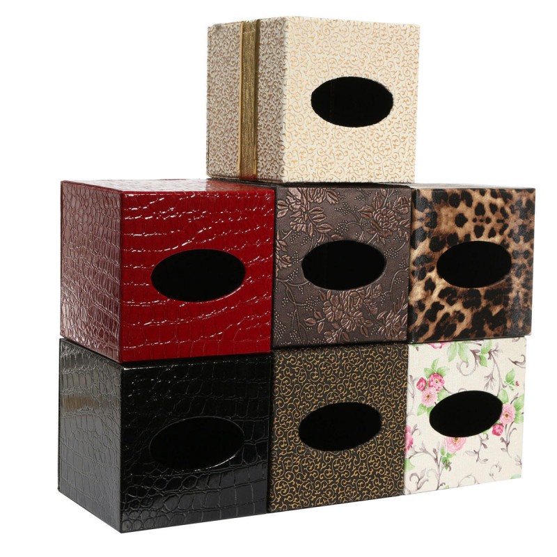 Durable PU Leather Tissue Box Case Cover  Paper Napkin Holder Home Office  - white and gold
